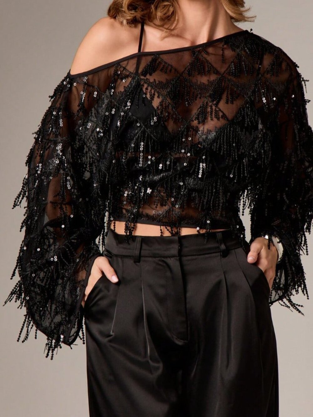 Black Party Women's Sequin Fringe One-Shoulder Sleeve Mesh Top Tassel Detail - Picture 6 of 6